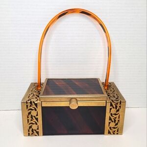 Tyrolean Lucite Box Purse Tortoise Striped Gold Filagree Rare Vintage 1950s